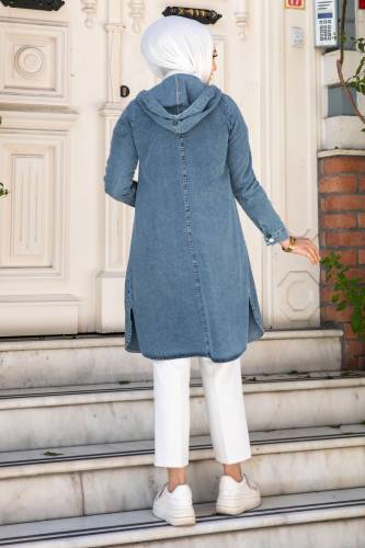 Boydan Düğmeli Kapüşonlu Kot Tunik TSD240507 Mavi - 5