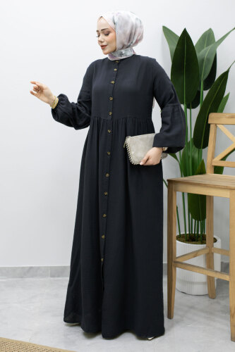 Boydan Düğmeli Müslin Elbise TSD260219 Füme - 1