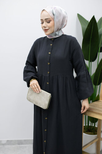 Boydan Düğmeli Müslin Elbise TSD260219 Füme - 2