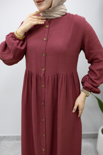 Boydan Düğmeli Müslin Elbise TSD260219 Fuşya - 4