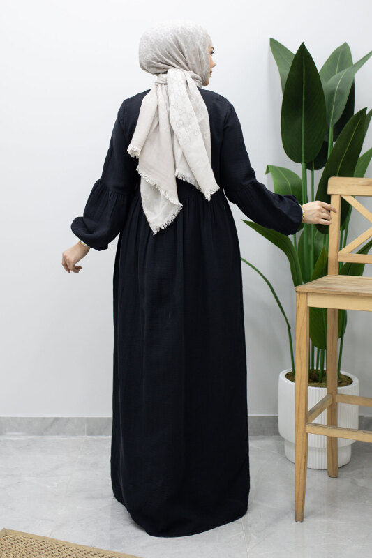 Boydan Düğmeli Müslin Elbise TSD260219 Siyah - 6
