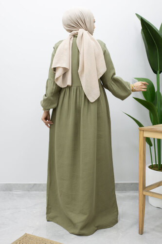 Boydan Düğmeli Müslin Elbise TSD260219 Yeşil - 6