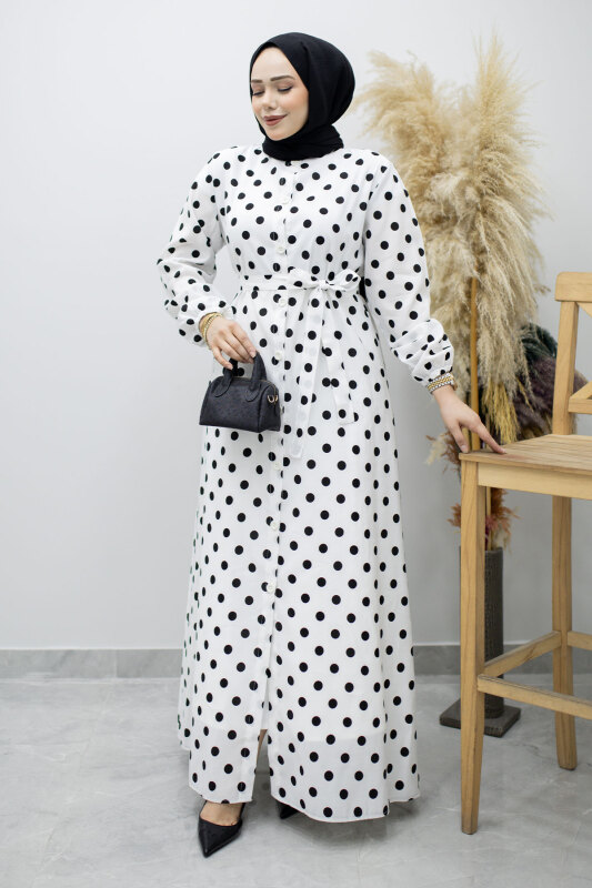 Boydan Düğmeli Puantiyeli Elbise TSD260205 Beyaz - 3