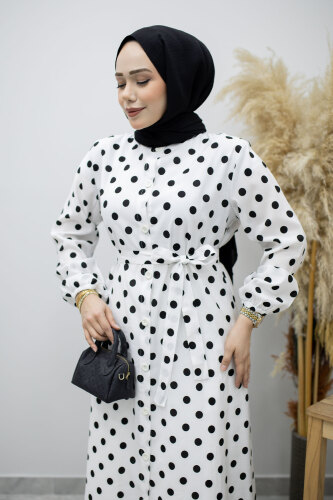 Boydan Düğmeli Puantiyeli Elbise TSD260205 Beyaz - 2