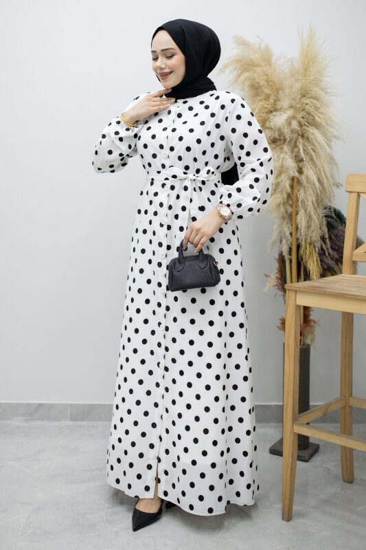 Boydan Düğmeli Puantiyeli Elbise TSD260205 Beyaz - 5