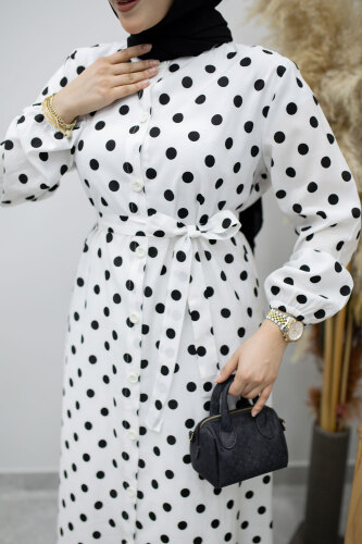 Boydan Düğmeli Puantiyeli Elbise TSD260205 Beyaz - 4