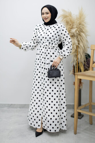 Boydan Düğmeli Puantiyeli Elbise TSD260205 Beyaz 