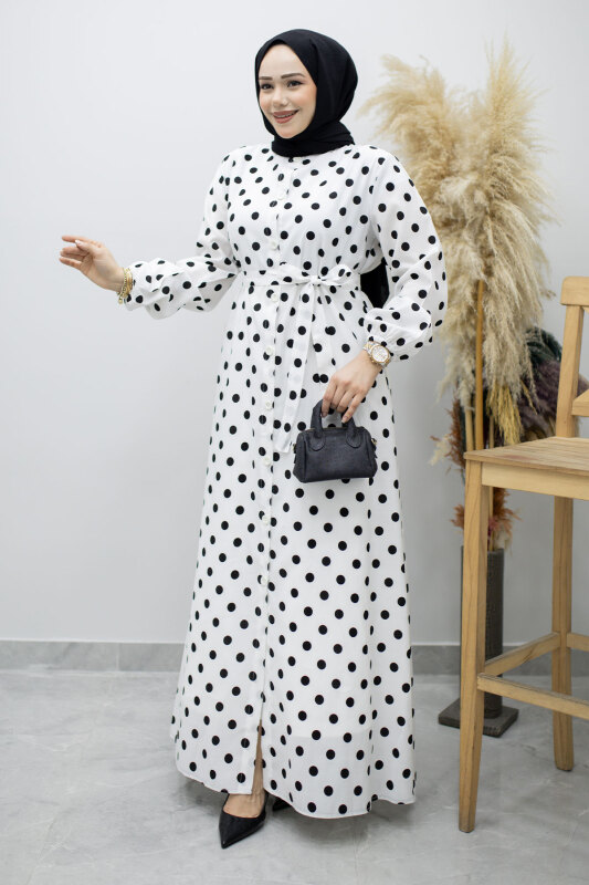 Boydan Düğmeli Puantiyeli Elbise TSD260205 Beyaz - Tesettür Dünyası