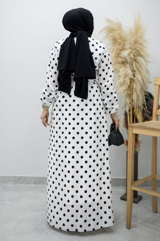 Boydan Düğmeli Puantiyeli Elbise TSD260205 Beyaz - 6