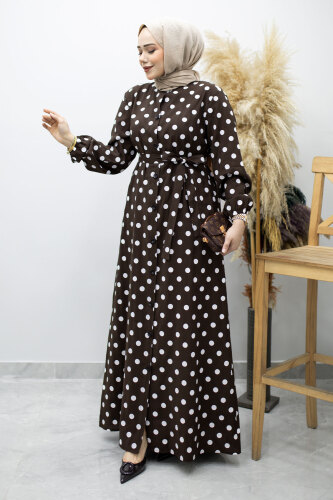 Boydan Düğmeli Puantiyeli Elbise TSD260205 Kahverengi - 1