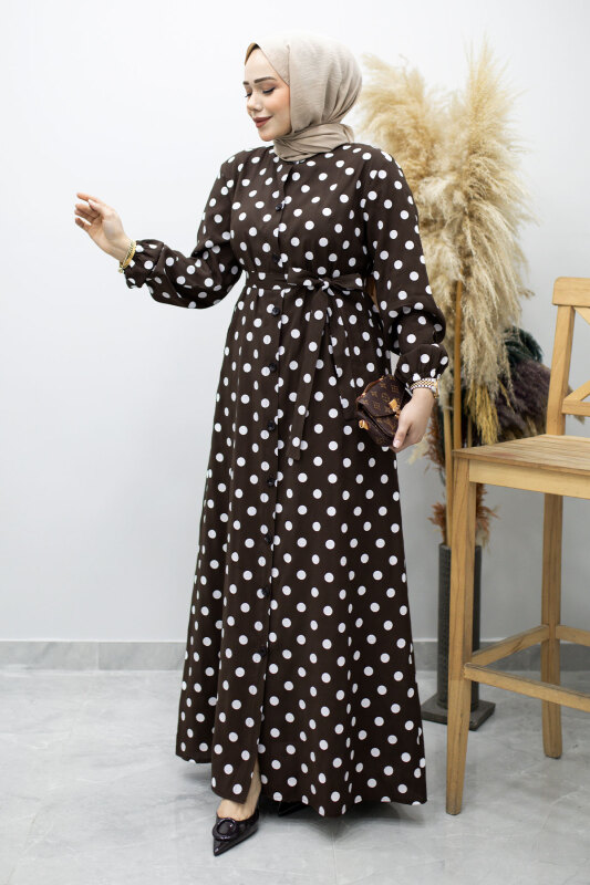 Boydan Düğmeli Puantiyeli Elbise TSD260205 Kahverengi - Tesettür Dünyası