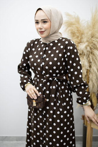 Boydan Düğmeli Puantiyeli Elbise TSD260205 Kahverengi - 2