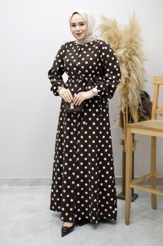 Boydan Düğmeli Puantiyeli Elbise TSD260205 Kahverengi - 3