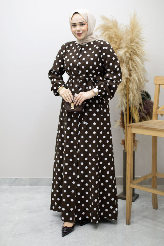 Boydan Düğmeli Puantiyeli Elbise TSD260205 Kahverengi - 3