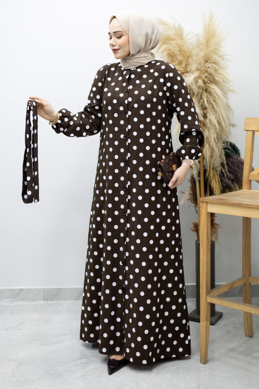 Boydan Düğmeli Puantiyeli Elbise TSD260205 Kahverengi - 5