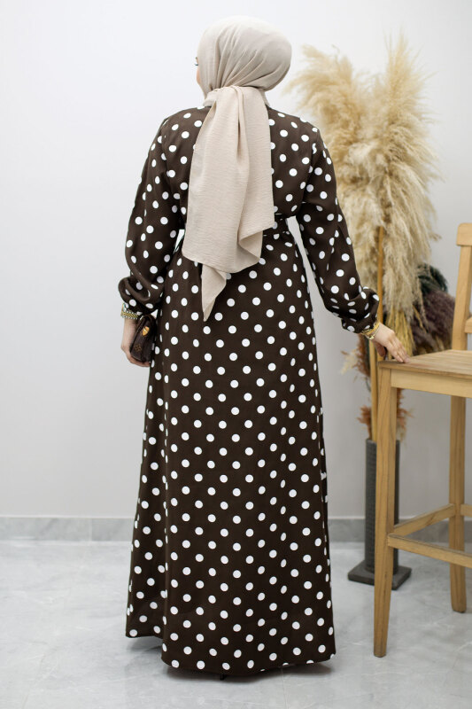 Boydan Düğmeli Puantiyeli Elbise TSD260205 Kahverengi - 6