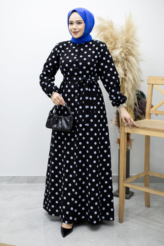 Boydan Düğmeli Puantiyeli Elbise TSD260205 Siyah - 3