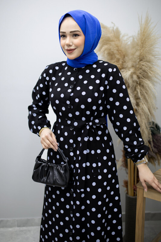 Boydan Düğmeli Puantiyeli Elbise TSD260205 Siyah - Tesettür Dünyası (1)