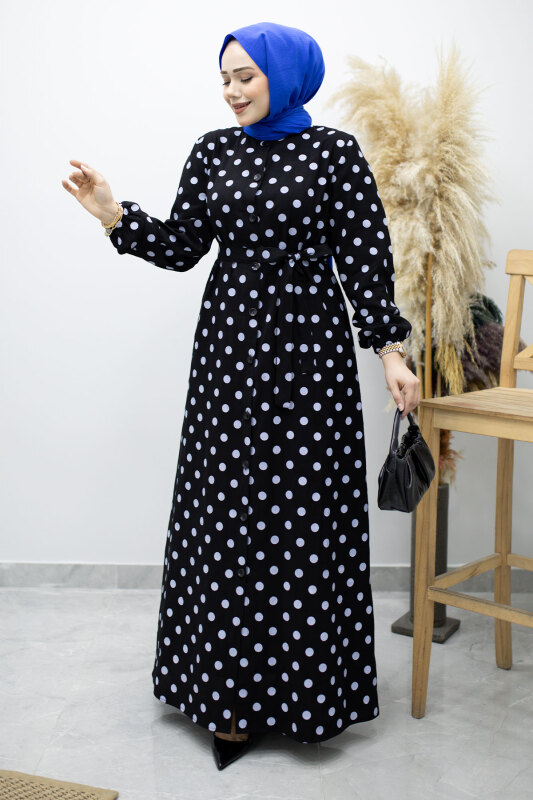 Boydan Düğmeli Puantiyeli Elbise TSD260205 Siyah - Tesettür Dünyası