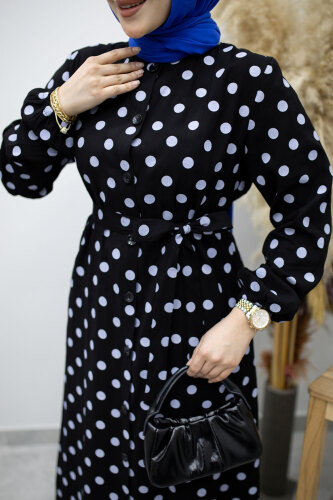 Boydan Düğmeli Puantiyeli Elbise TSD260205 Siyah - 4