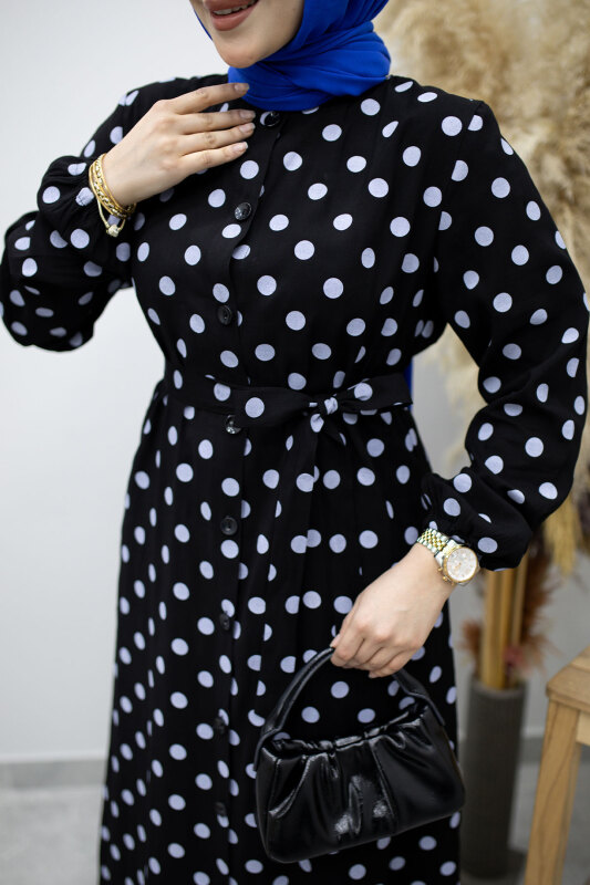 Boydan Düğmeli Puantiyeli Elbise TSD260205 Siyah - 4