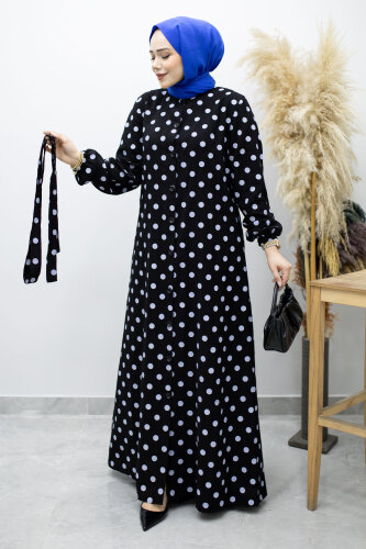 Boydan Düğmeli Puantiyeli Elbise TSD260205 Siyah - 5