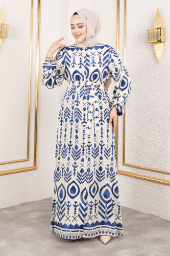 Boydan Düğmeli Viskon Elbise TSD250214 İndigo 