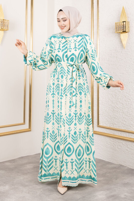 Boydan Düğmeli Viskon Elbise TSD250214 Mint Yeşili - 1