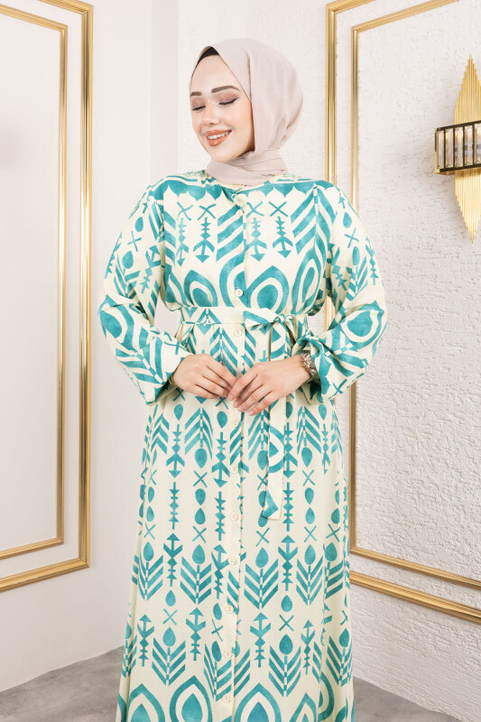 Boydan Düğmeli Viskon Elbise TSD250214 Mint Yeşili - 2