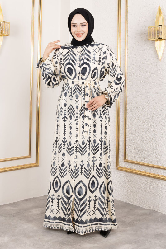 Boydan Düğmeli Viskon Elbise TSD250214 Siyah - 1