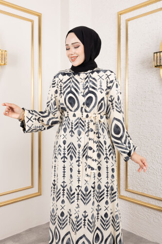 Boydan Düğmeli Viskon Elbise TSD250214 Siyah - 2