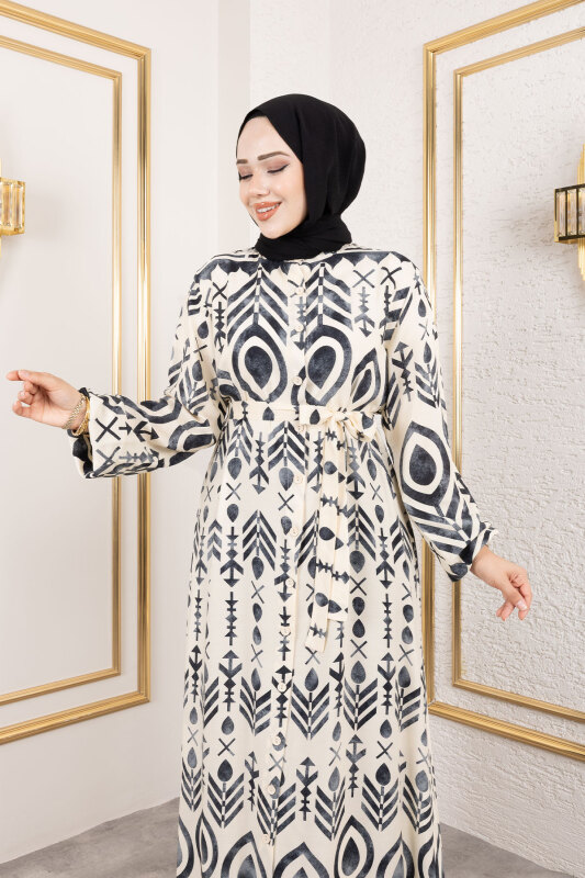 Boydan Düğmeli Viskon Elbise TSD250214 Siyah - 2