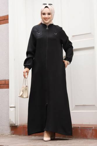 Boydan Fermuarlı Hakim Yaka Ferace TSD240502 Siyah - Tesettür Dünyası