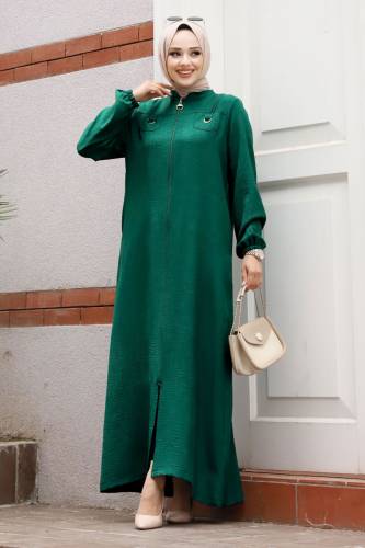 Boydan Fermuarlı Hakim Yaka Ferace TSD240502 Zümrüt Yeşili - Tesettür Dünyası