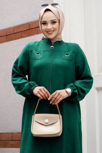 Boydan Fermuarlı Hakim Yaka Ferace TSD240502 Zümrüt Yeşili - Tesettür Dünyası (1)