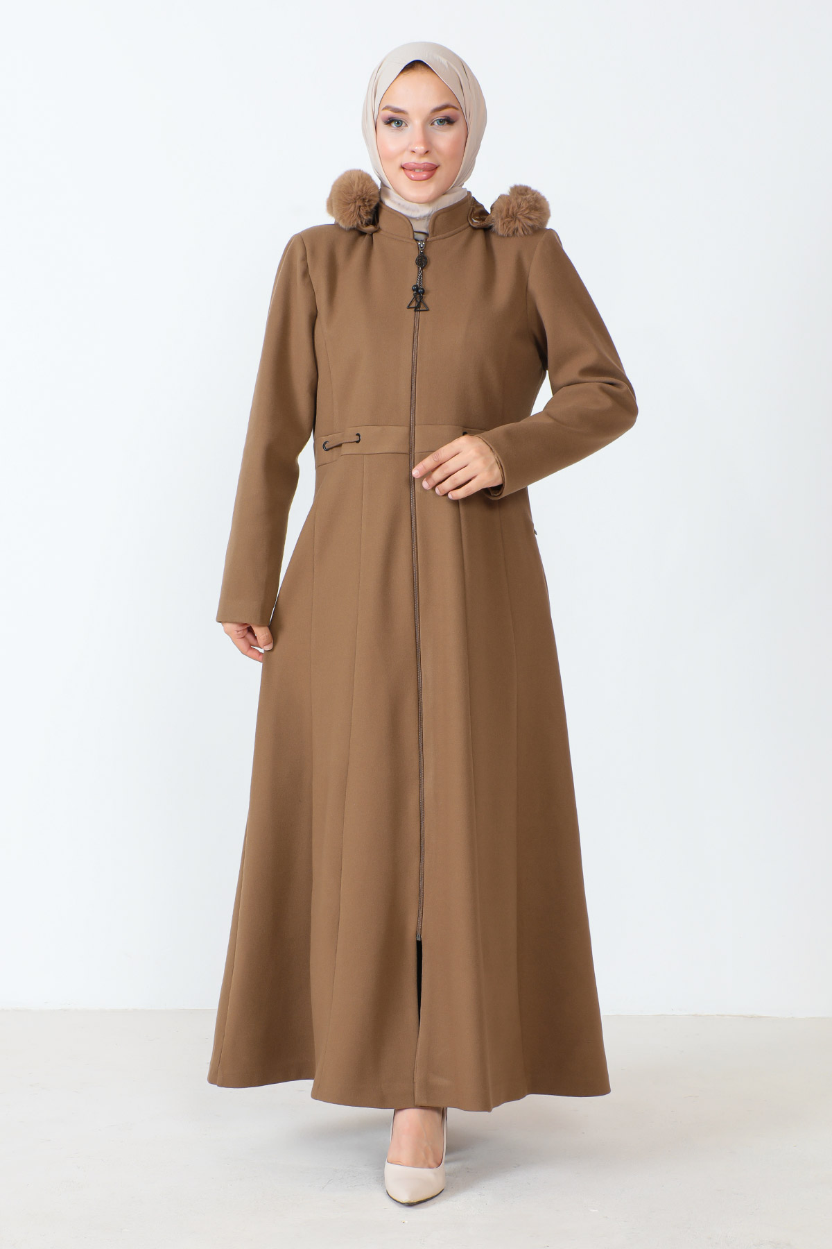 Tesettür Dünyası - Boydan Fermuarlı Tam Boy Kaşe Kaban TSD230803 Camel