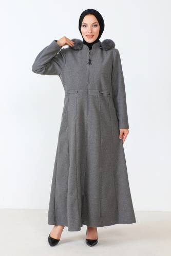 Boydan Fermuarlı Tam Boy Kaşe Kaban TSD230803 Gri 