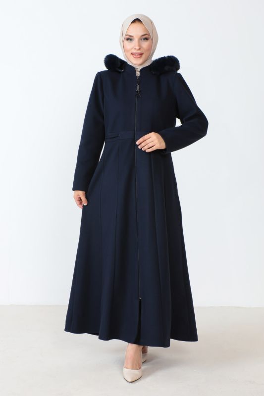 Boydan Fermuarlı Tam Boy Kaşe Kaban TSD230803 Lacivert - 1