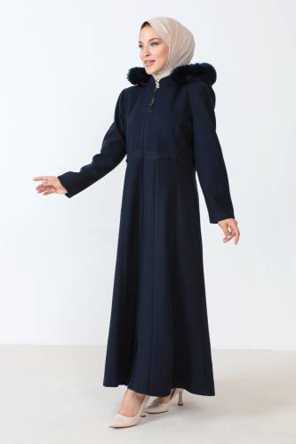 Boydan Fermuarlı Tam Boy Kaşe Kaban TSD230803 Lacivert - 3