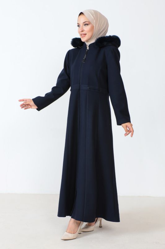 Boydan Fermuarlı Tam Boy Kaşe Kaban TSD230803 Lacivert - 3