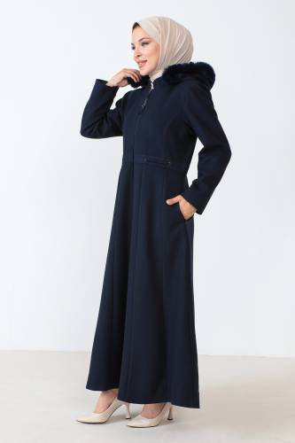 Boydan Fermuarlı Tam Boy Kaşe Kaban TSD230803 Lacivert - 4