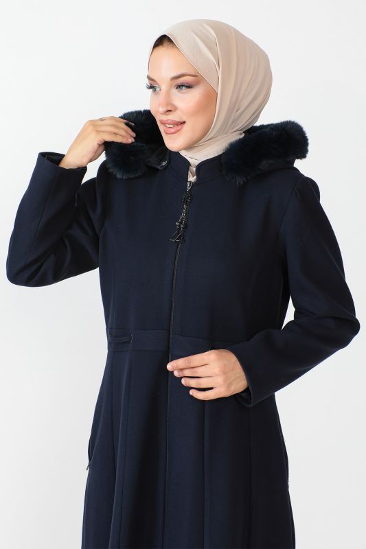 Boydan Fermuarlı Tam Boy Kaşe Kaban TSD230803 Lacivert - 2