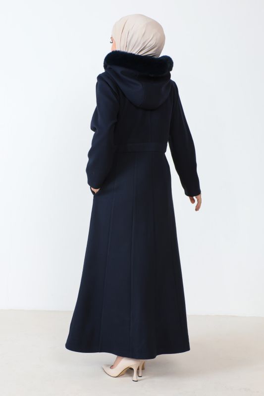 Boydan Fermuarlı Tam Boy Kaşe Kaban TSD230803 Lacivert - 5