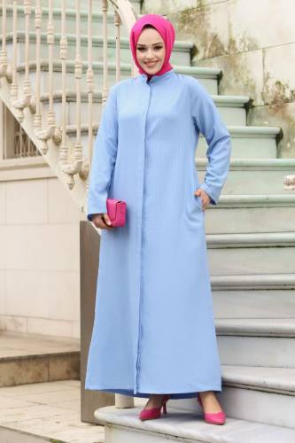 Boydan Gizli Düğmeli Çizgili Ferace TSD240222 Bebe Mavisi - Tesettür Dünyası