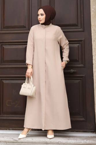 Boydan Gizli Düğmeli Çizgili Ferace TSD240222 Bej 