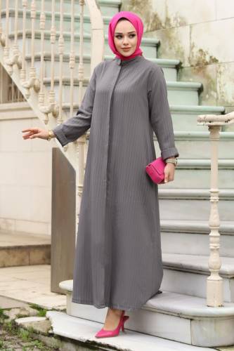 Boydan Gizli Düğmeli Çizgili Ferace TSD240222 Gri 