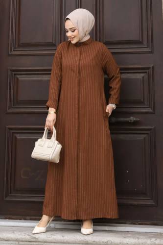 Boydan Gizli Düğmeli Çizgili Ferace TSD240222 Kahverengi 