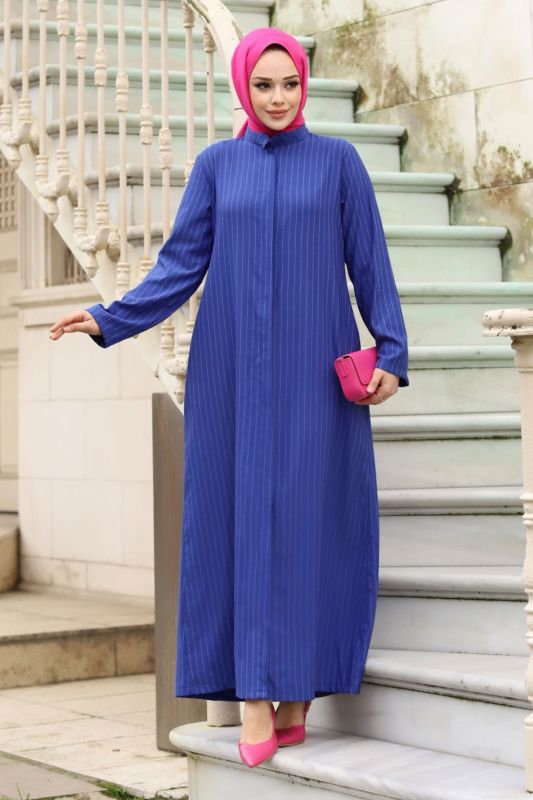 Boydan Gizli Düğmeli Çizgili Ferace TSD240222 Saks Mavisi - Tesettür Dünyası