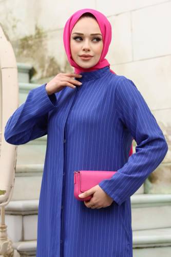 Boydan Gizli Düğmeli Çizgili Ferace TSD240222 Saks Mavisi - Tesettür Dünyası (1)