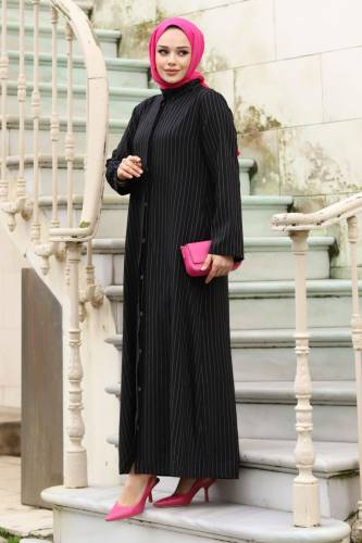 Boydan Gizli Düğmeli Çizgili Ferace TSD240222 Siyah 